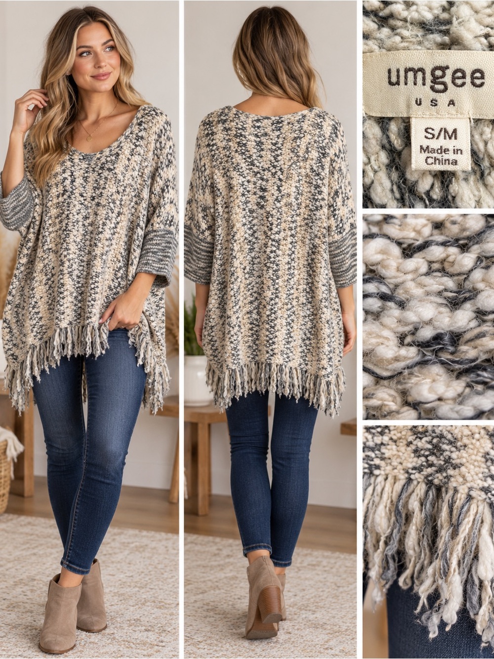 Umgee Neutral Multi Fringe-Hem Knit Poncho Sweater Size S/M Boho Lagenlook